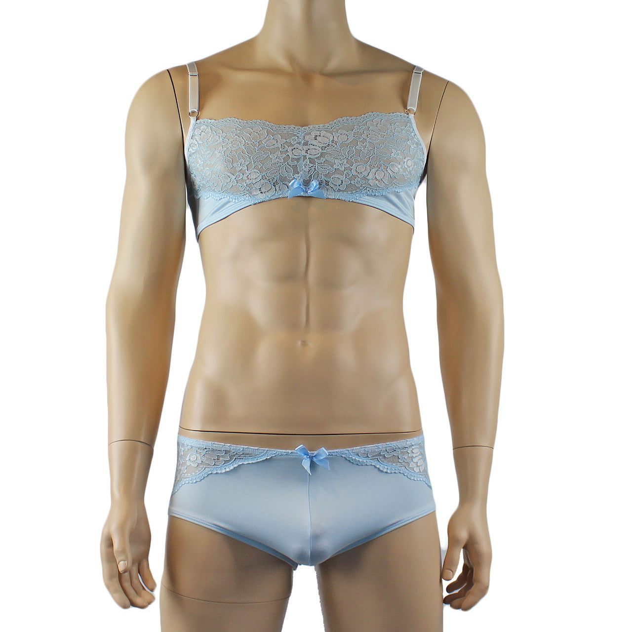 Mens Luxury Bra Top and Boxer Brief with Garters & Stockings Light Blue