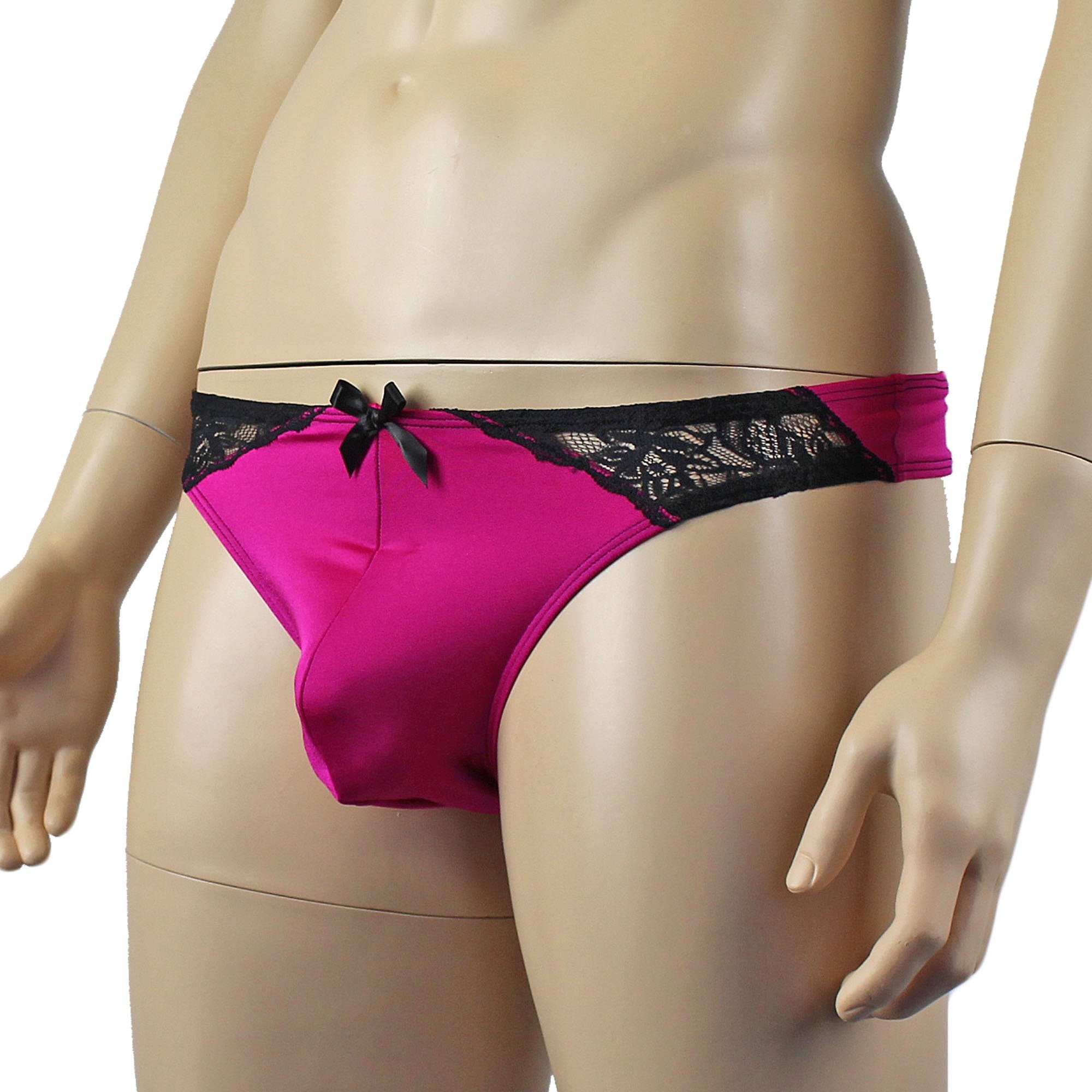 Mens Glamour Wide Front Thong Raspberry & Black Lace