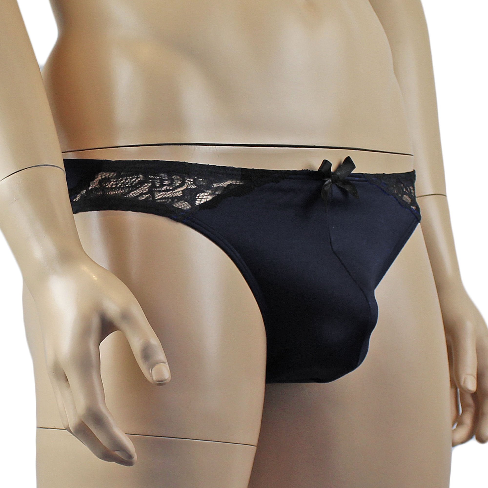 Mens Glamour Wide Front Thong Black & Black Lace