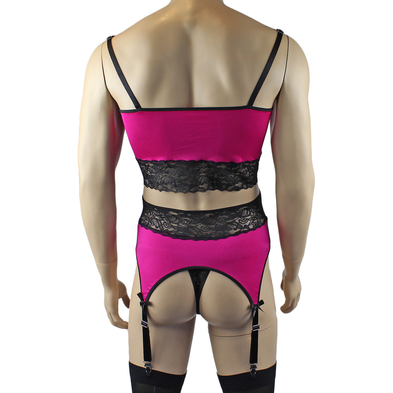 Mens Glamour Lycra & lace Cami Top, High Cut Garterbelt, G string & Stockings (raspberry plus other colours)