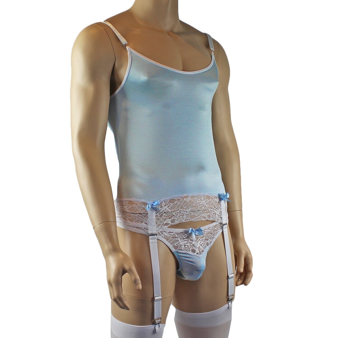 Mens Joanne Camisole Bustier Garter Top with Thong & Stockings - Sizes up to 3XL Light Blue and White Lace