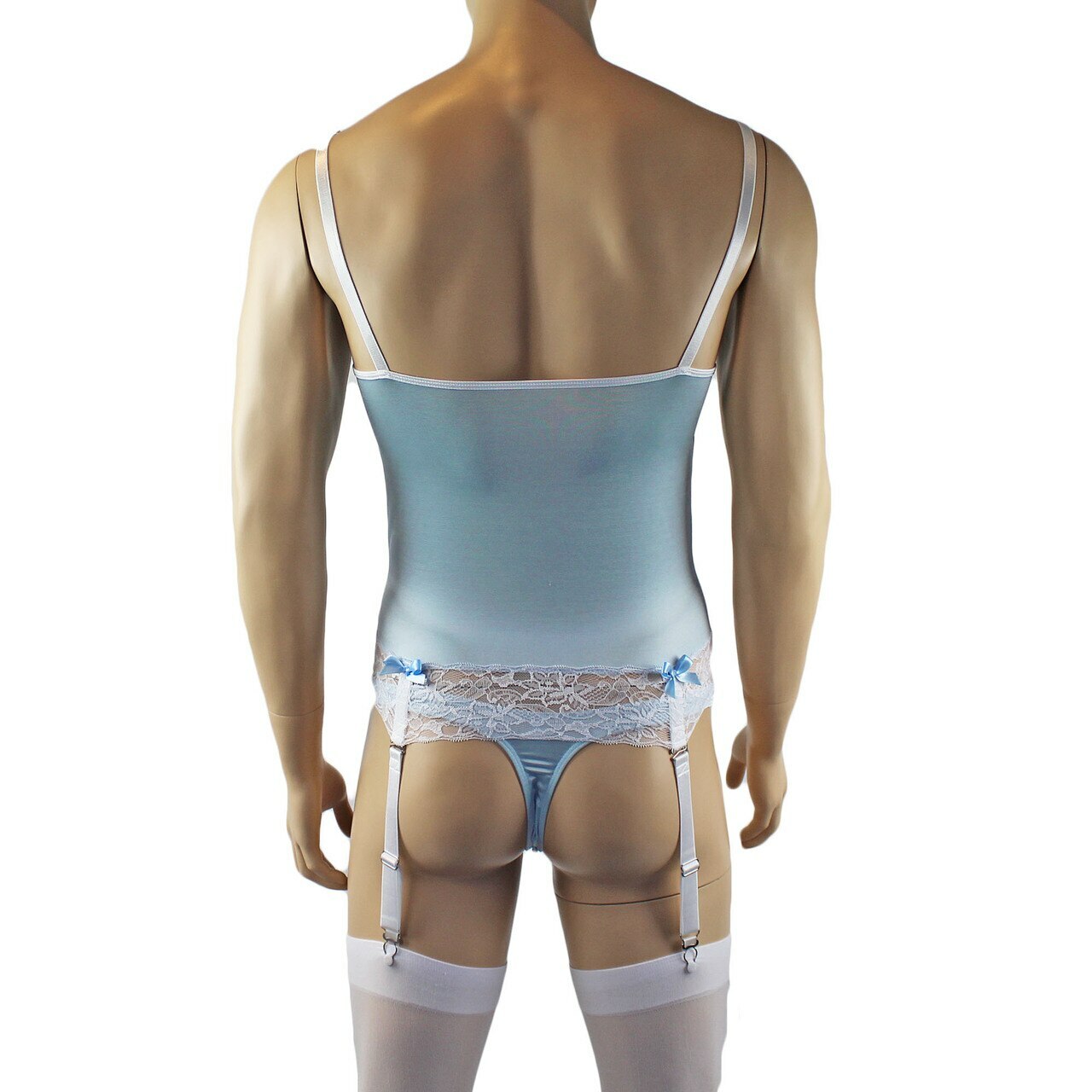 Mens Joanne Camisole Bustier Garter Top with Thong & Stockings - Sizes up to 3XL Light Blue and White Lace