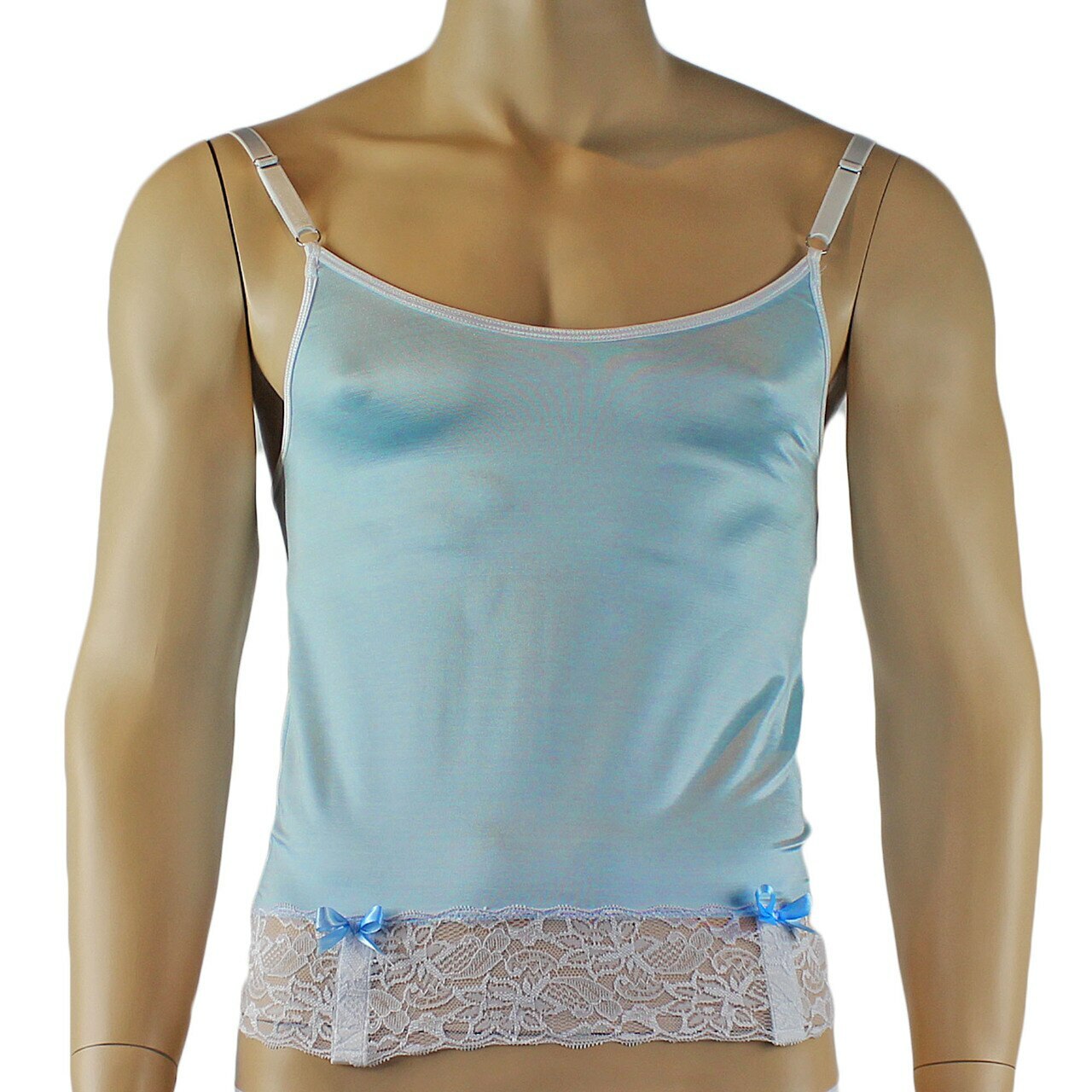 Mens Joanne Camisole Bustier Garter Top with Pouch G string - Sizes up to 3XL Light Blue and White Lace