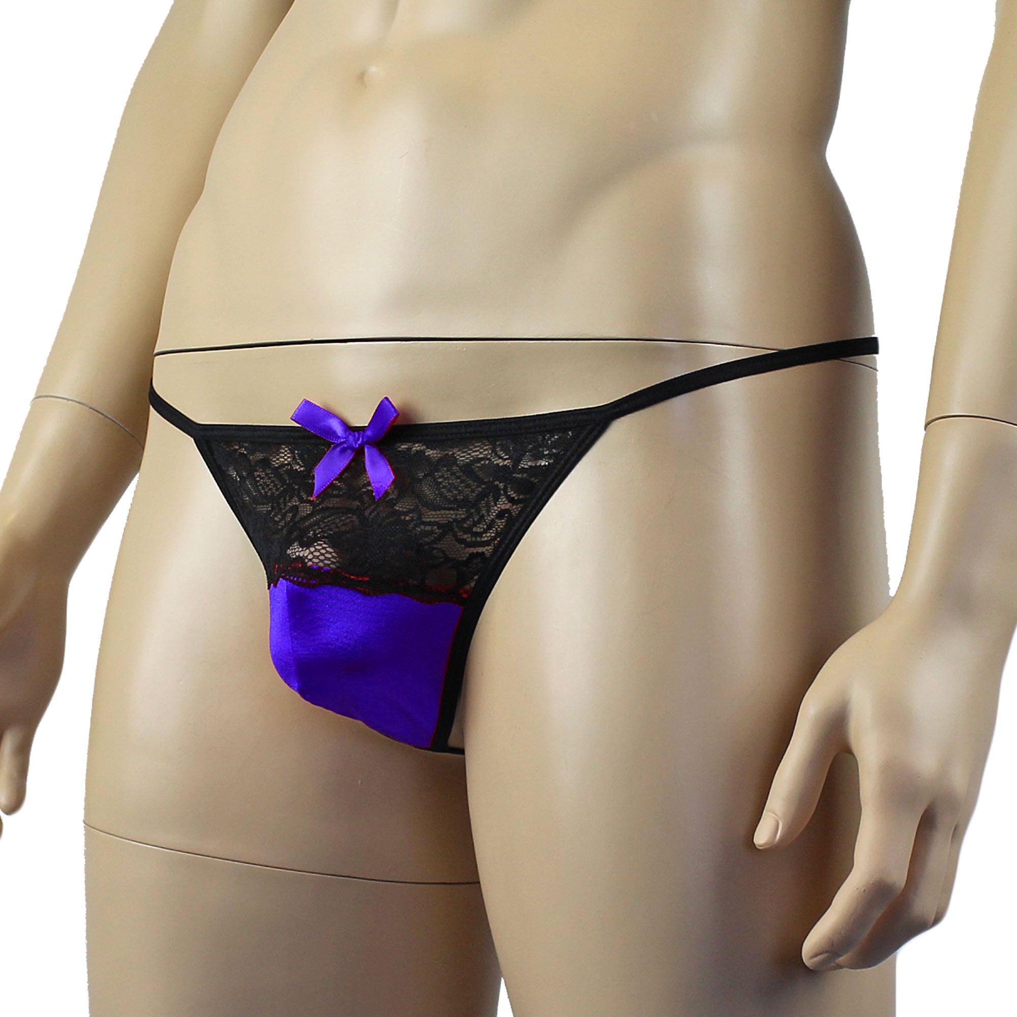 Mens Joanne Lacey G string with Bow Blue and Black Lace