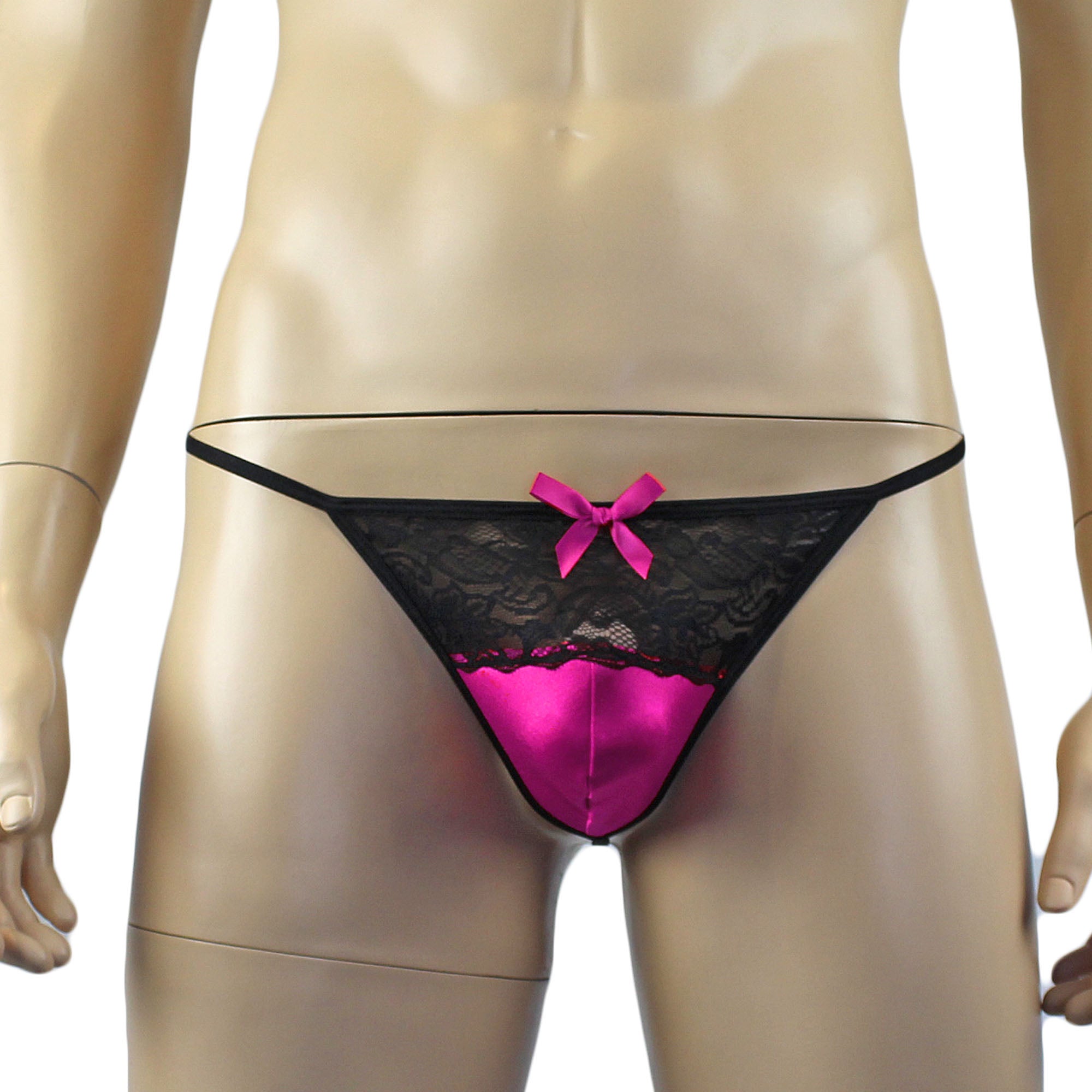Mens Joanne Camisole Bustier Garter Top with Pouch G string & Stockings - Sizes up to 3XL Hot Pink and Black Lace