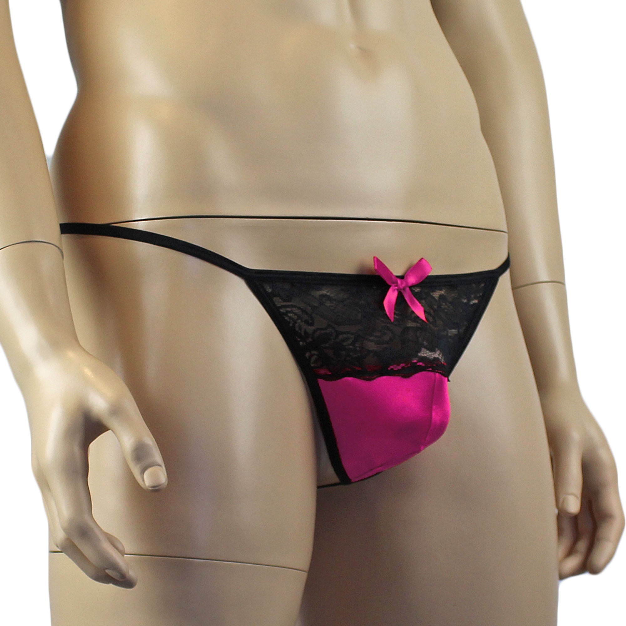 Mens Joanne Lacey G string with Bow Hot Pink and Black Lace