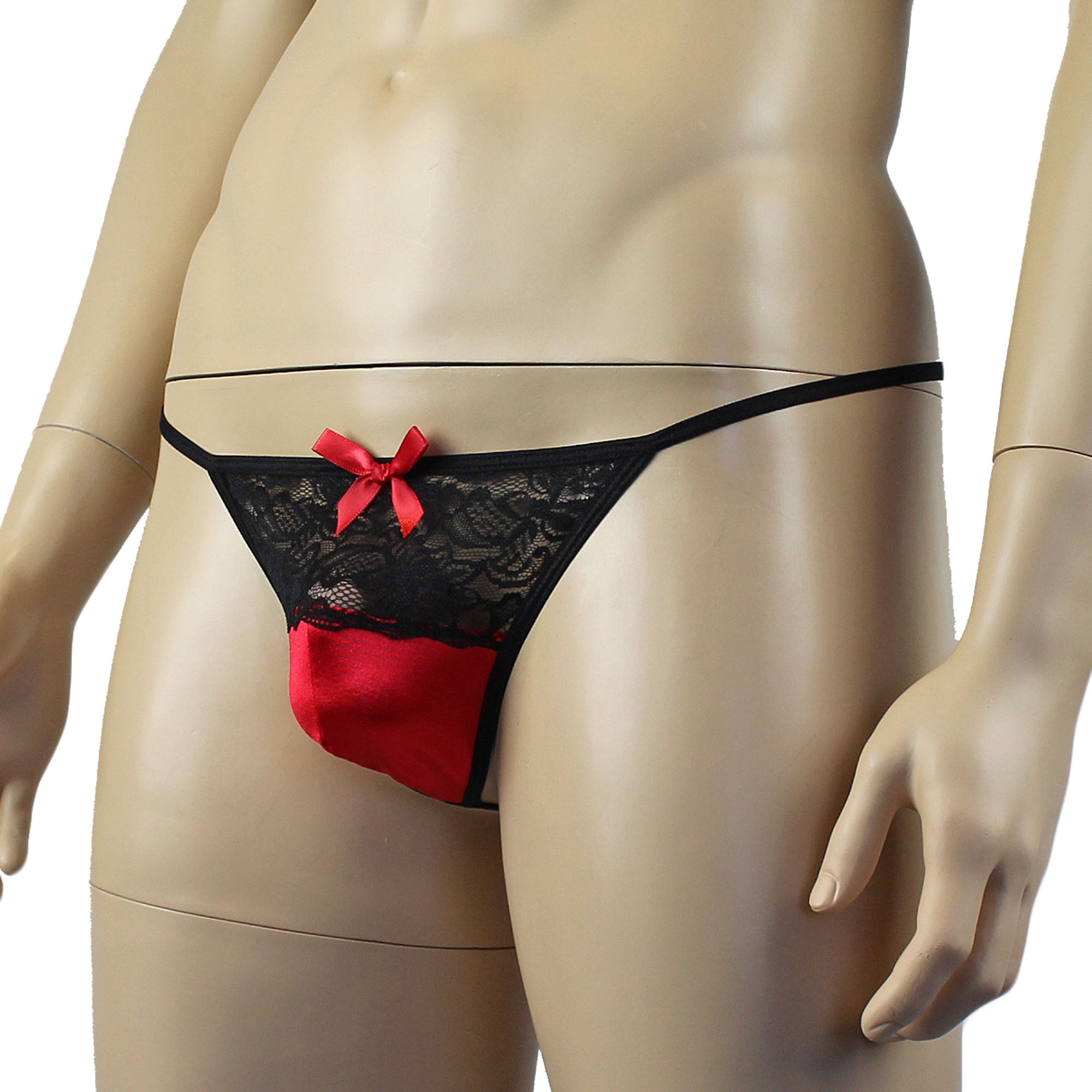 Mens Joanne Lacey G string with Bow Red and Black Lace