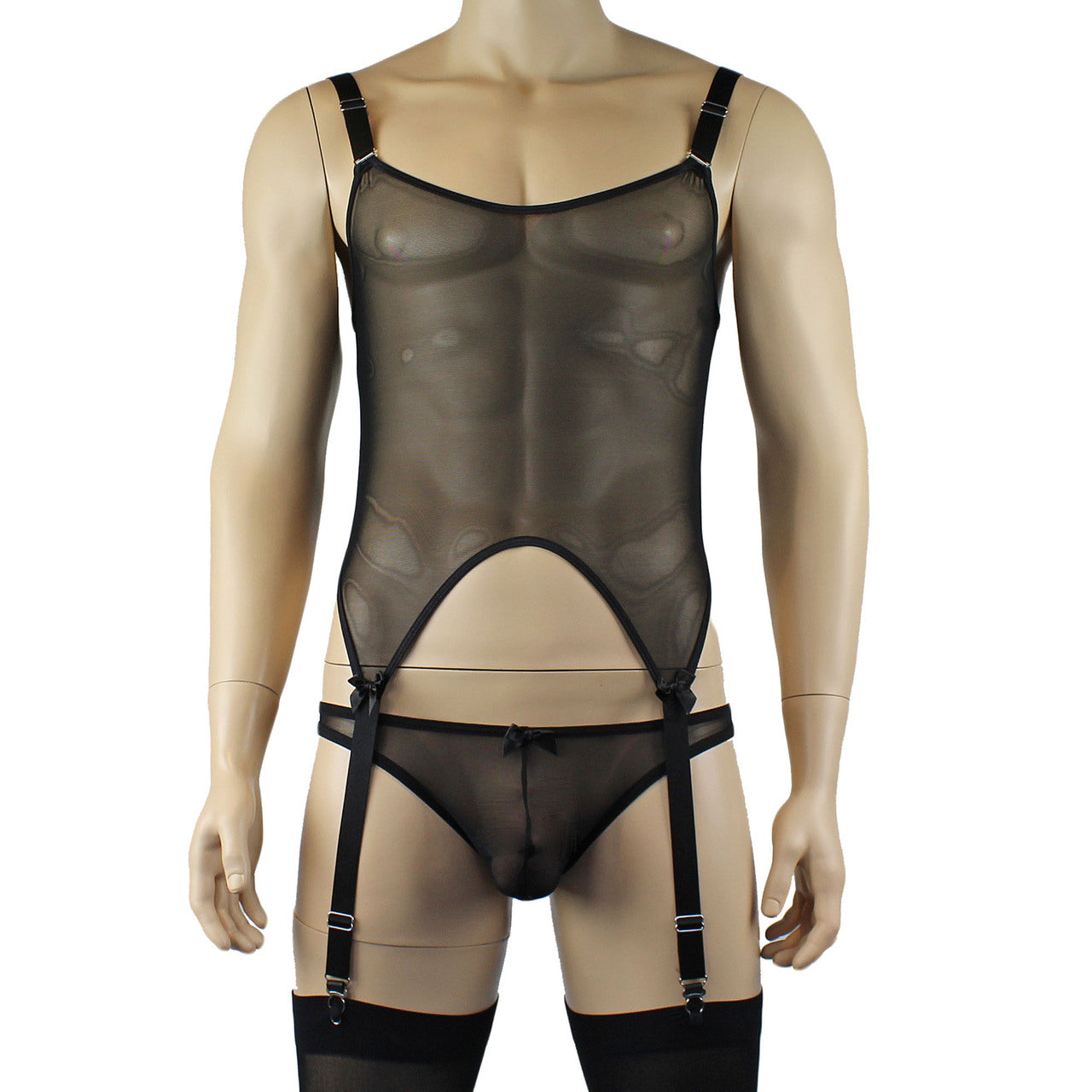 Mens Exotic Corset Top, Brief & Stockings - Sizes up to 3XL Black