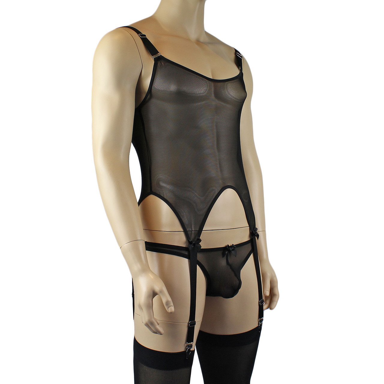 Mens Exotic Corset Top, Thong & Stockings - Sizes up to 3XL (black plus other colours)