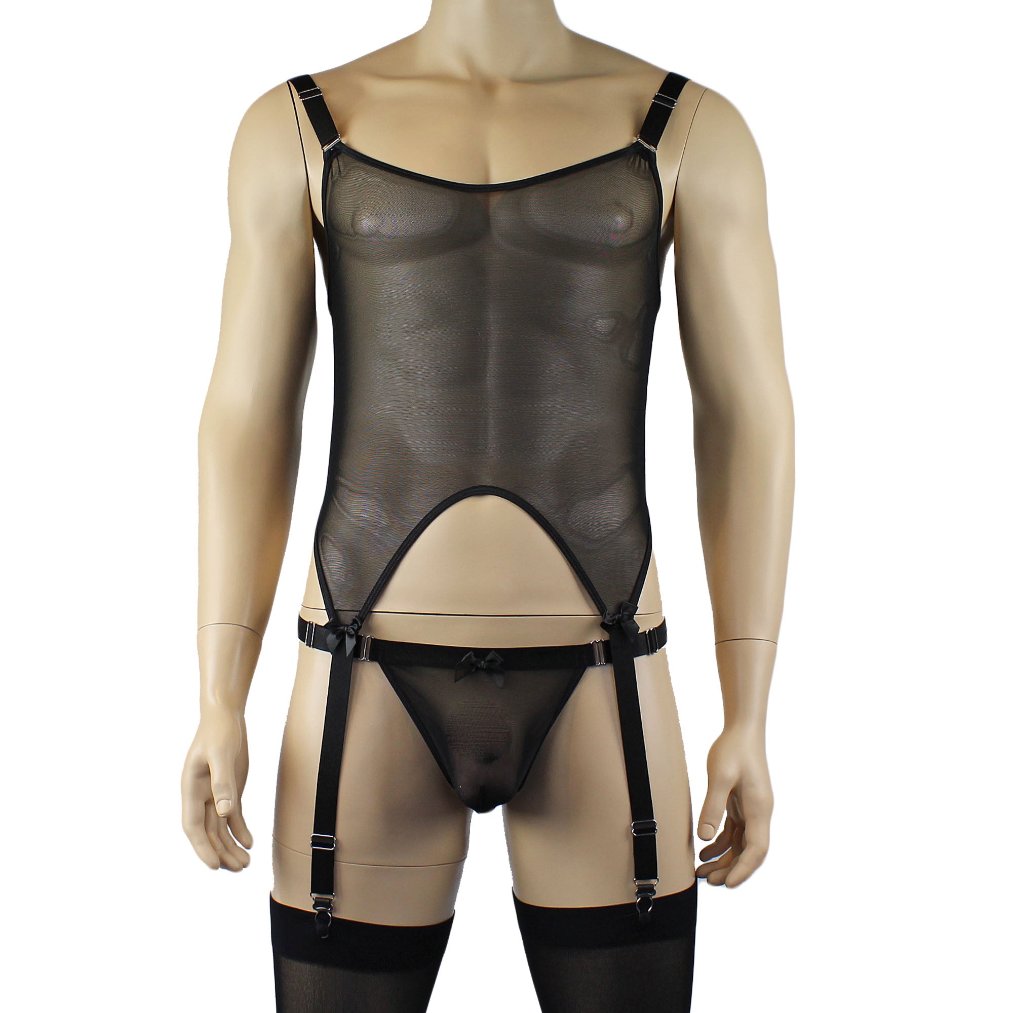 Mens Exotic Lingerie, Mesh Corset Top with Garters - Sizes up to 3XL Black