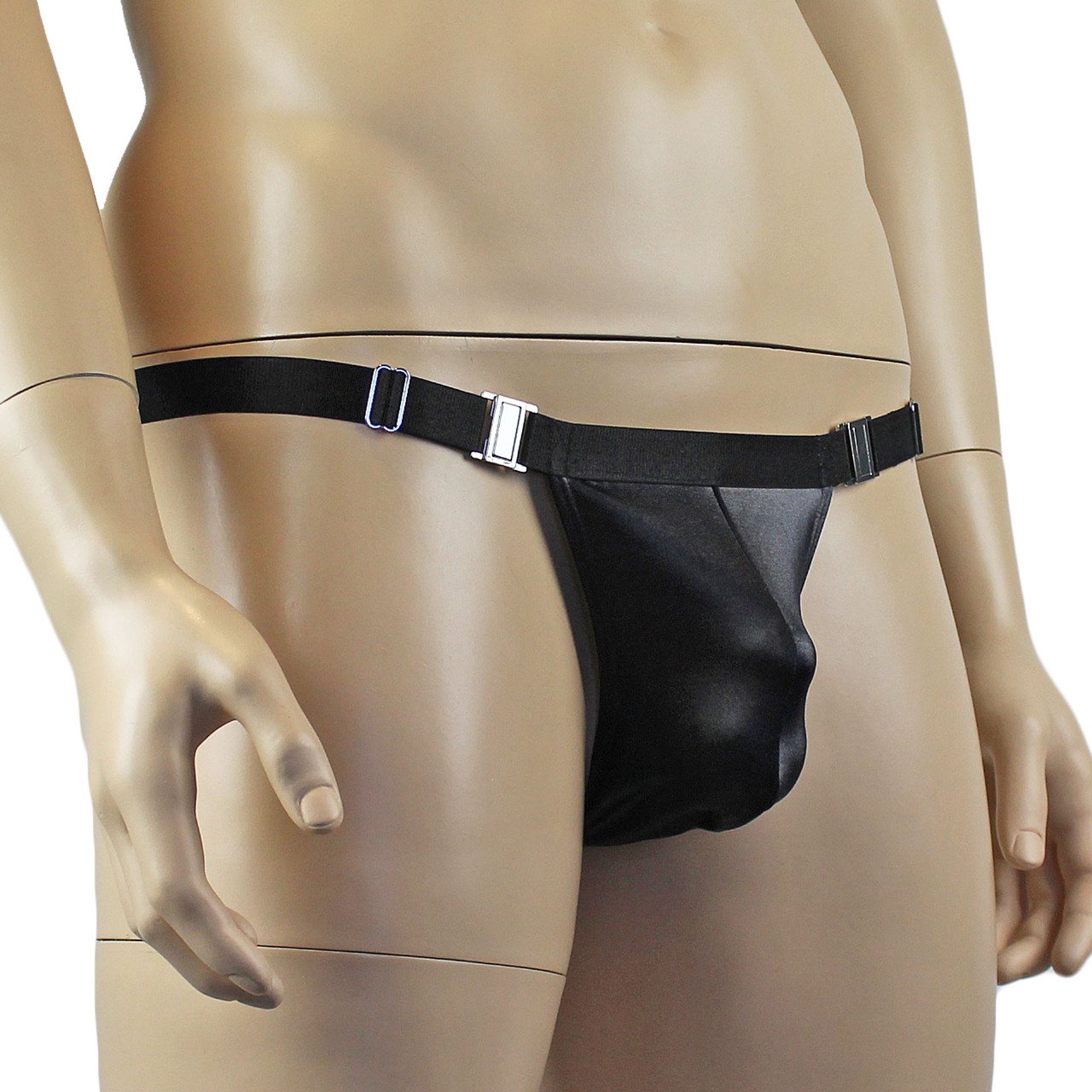 Male Oil Wetlook Thong with Clasp Open Sides with Adjustable Strap Black