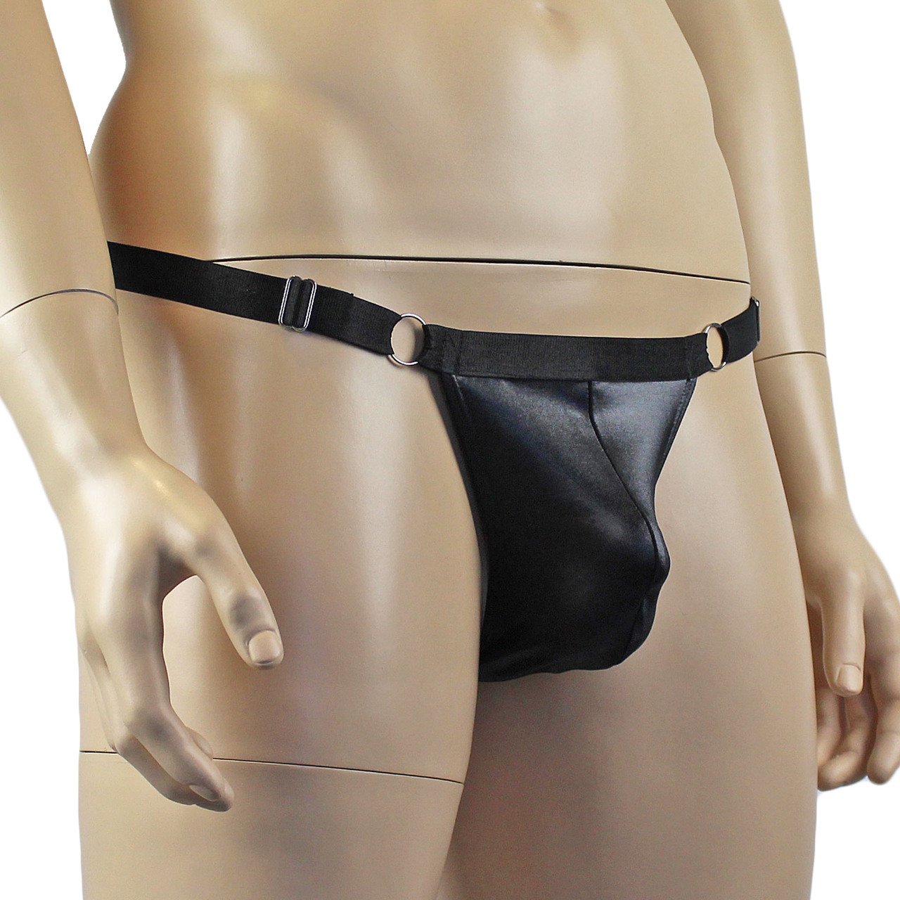Male Oil Wetlook Thong with Rings Sides Black