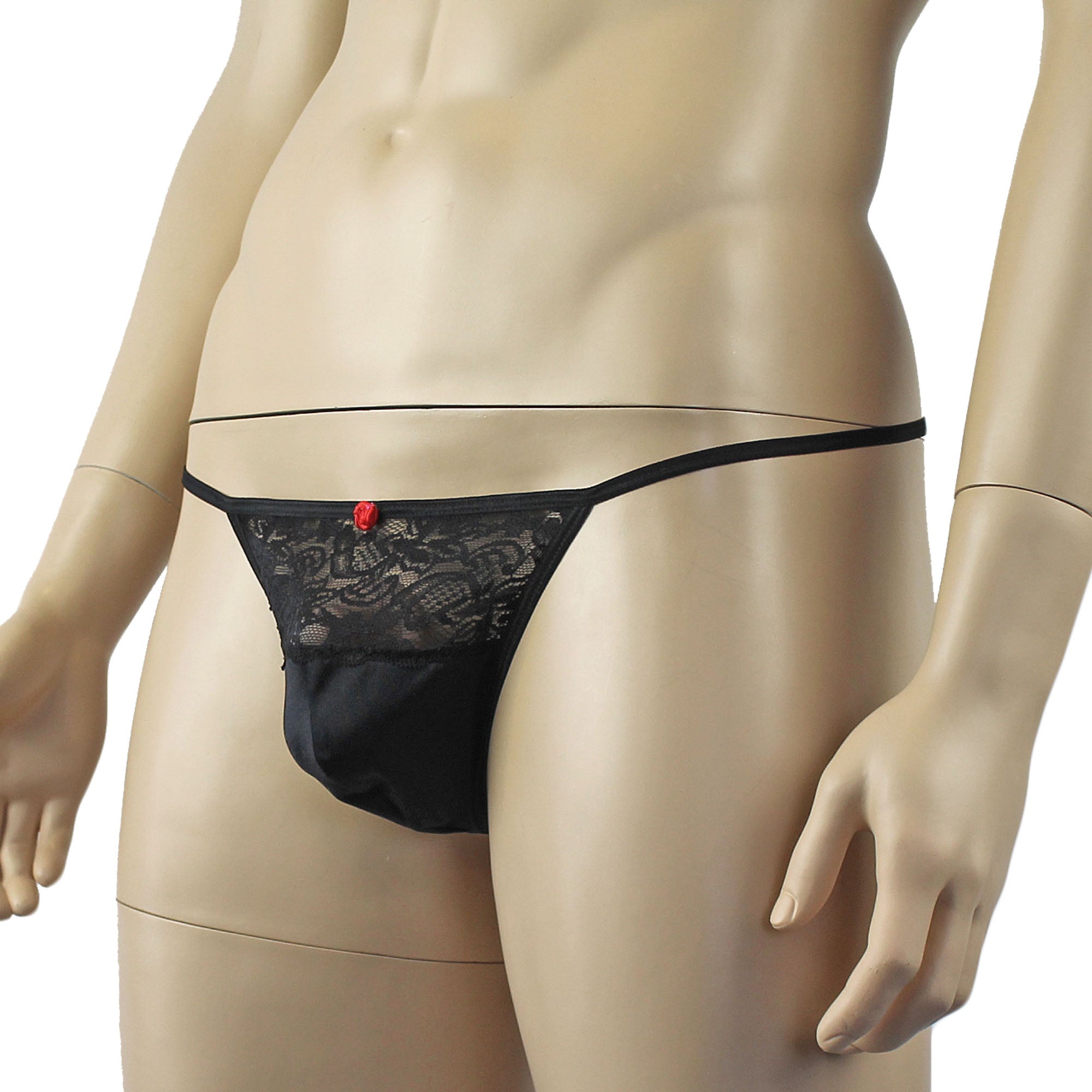 Male Penny Lingerie Stretch Spandex Pouch G string with Lace Black