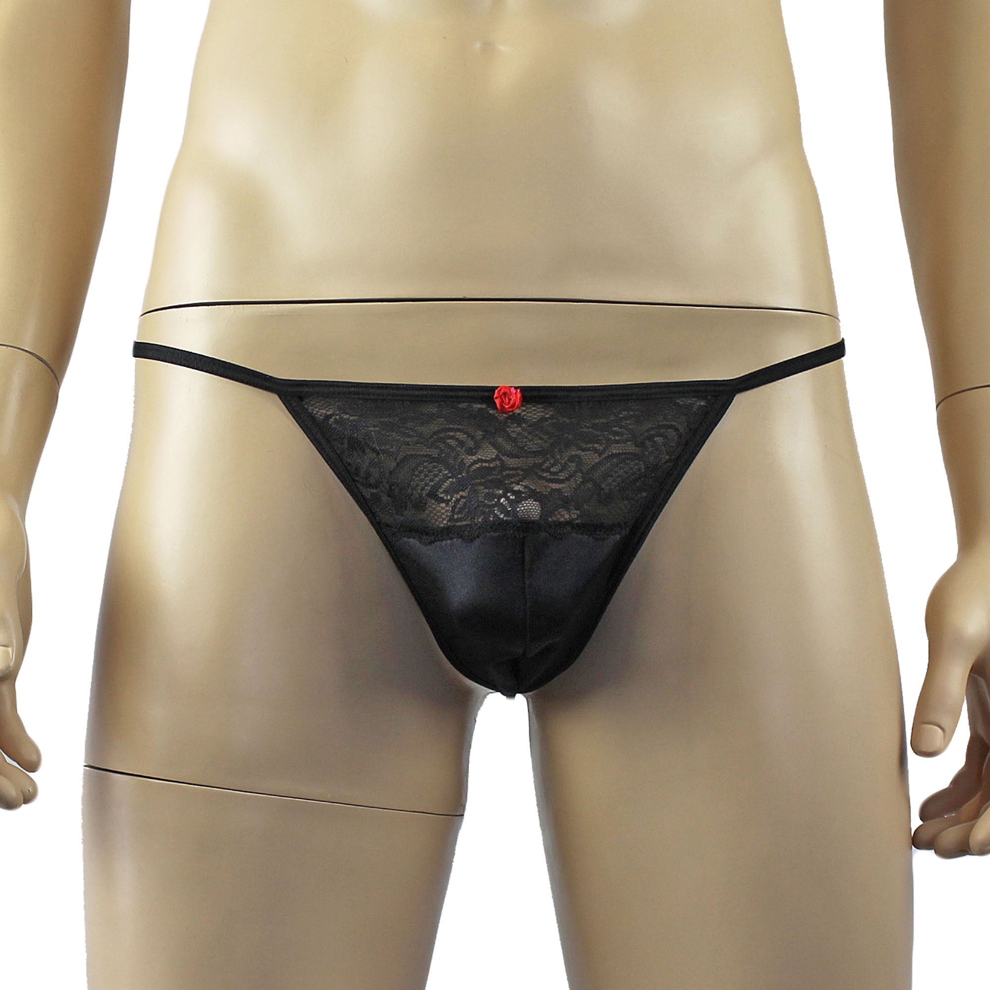 Male Penny Lingerie Stretch Spandex Pouch G string with Lace Black