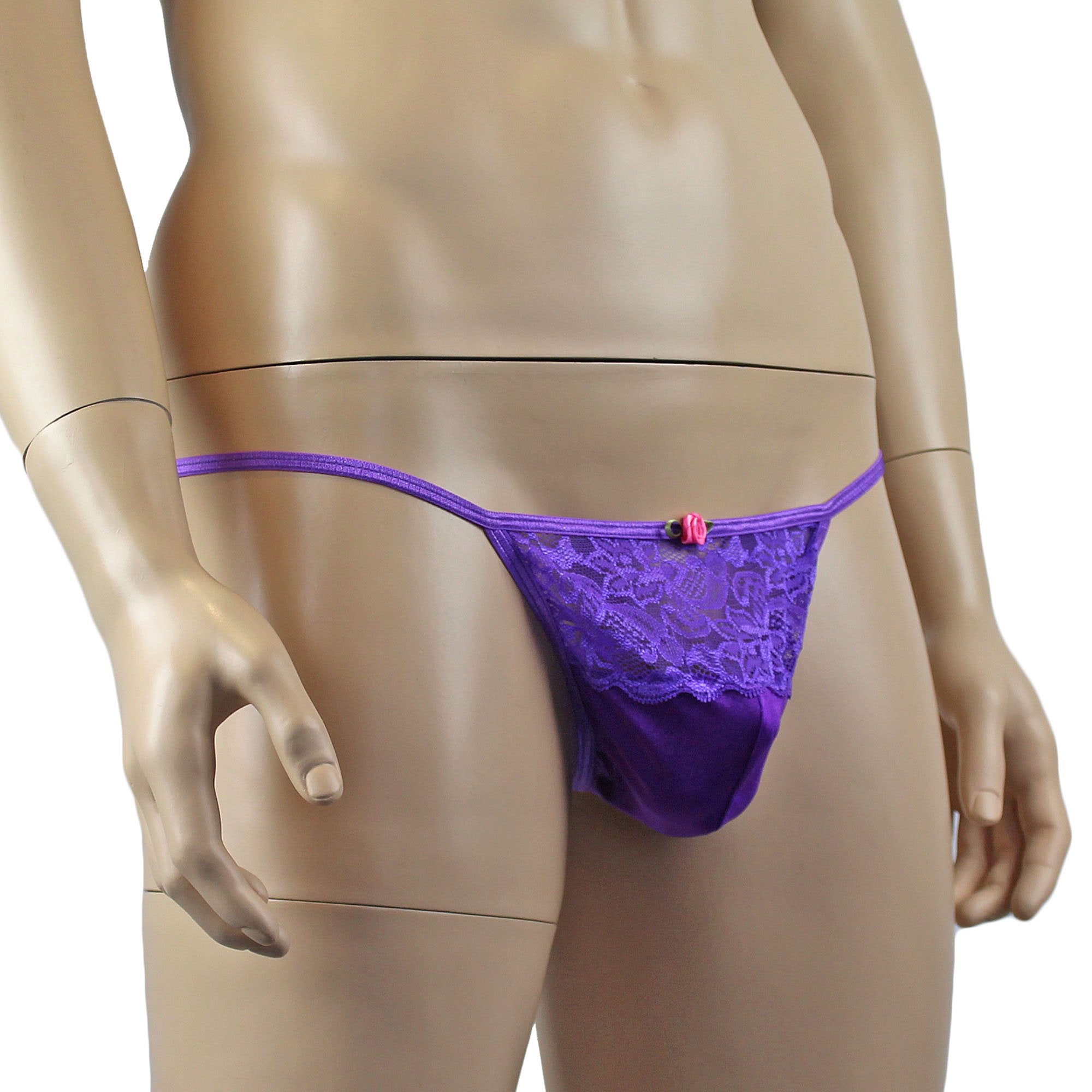 Male Penny Lingerie Stretch Spandex Pouch G string with Lace Purple
