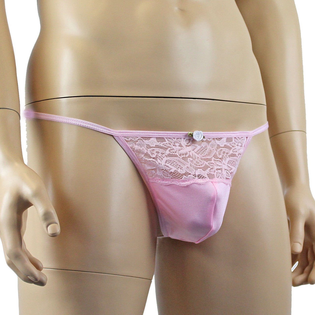 Male Penny Lingerie Stretch Spandex Pouch G string with Lace Light Pink