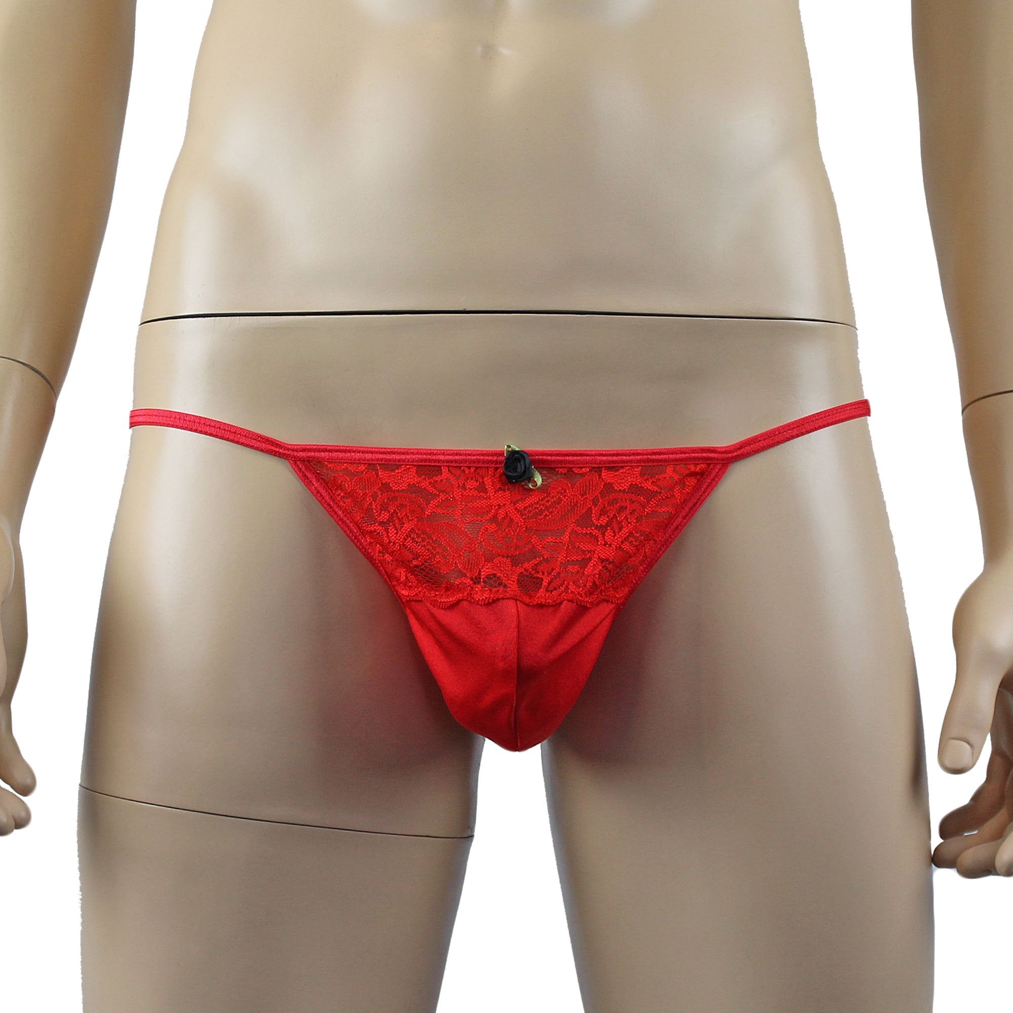 Male Penny Lingerie Stretch Spandex Pouch G string with Lace Red