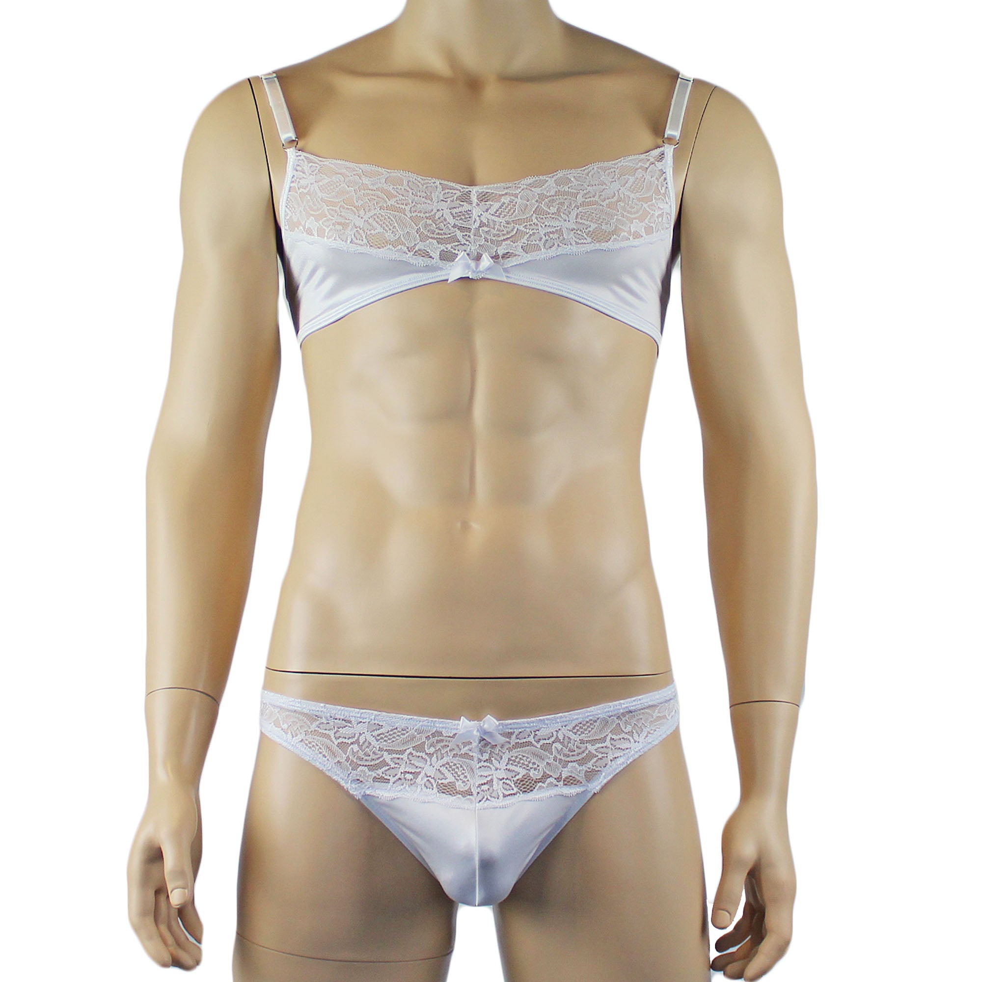 Male Romance Stretch Spandex Bra, G string Thong & Garterbelt White