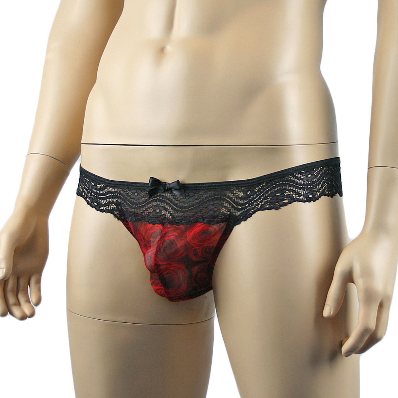Mens Roses Thong, Sexy Sheer Lingerie Underwear Red Black