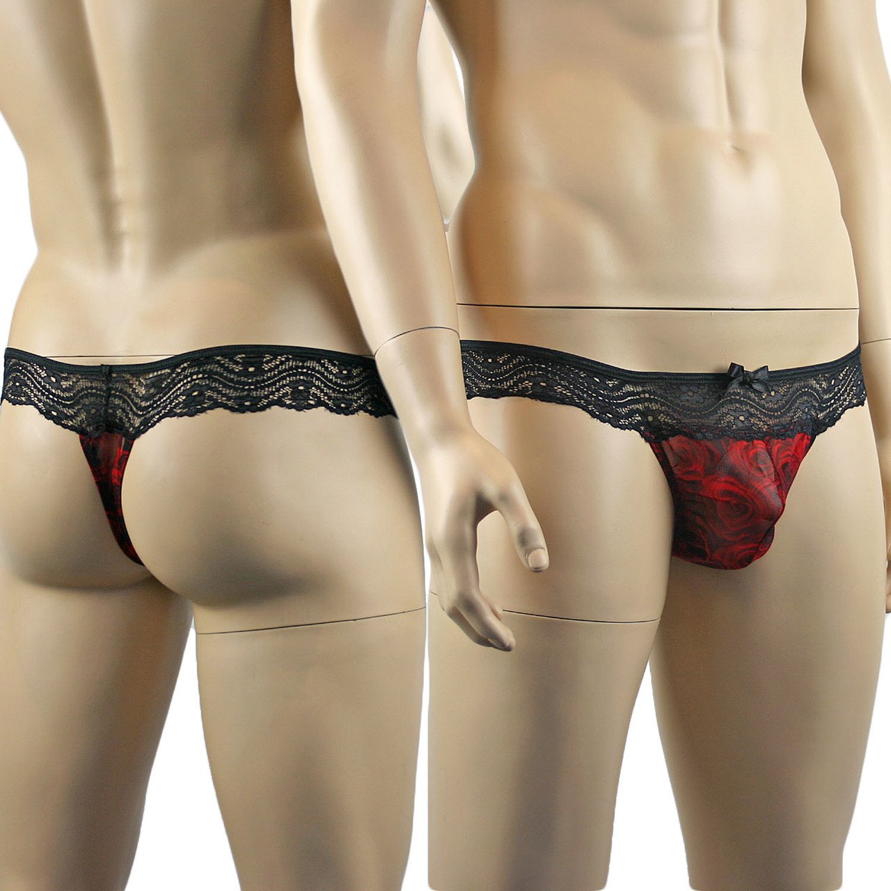 Mens Roses Thong, Sexy Sheer Lingerie Underwear Red Black