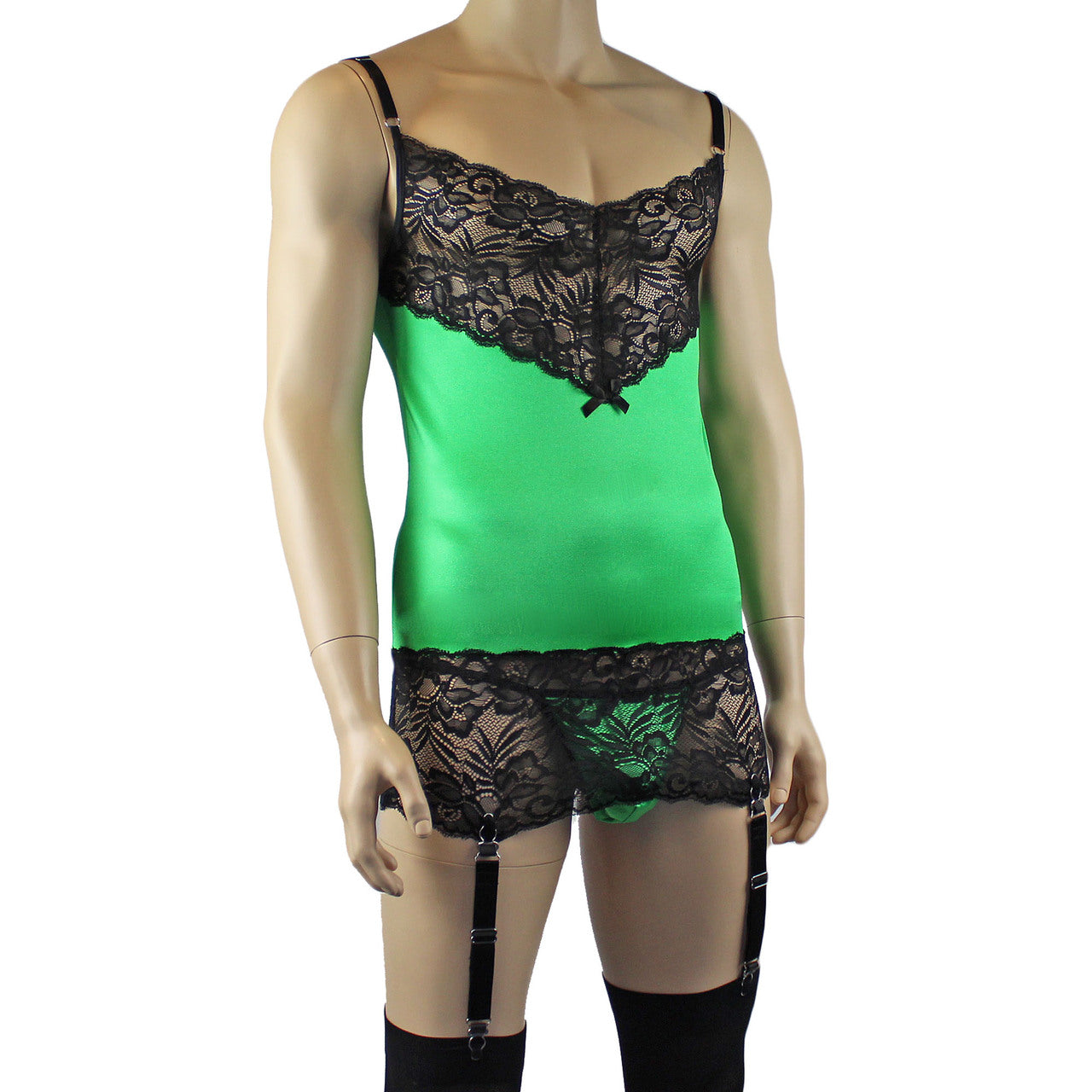 Mens Risque Camisole Mini Dress Chemise, G string & Stockings Green & Black