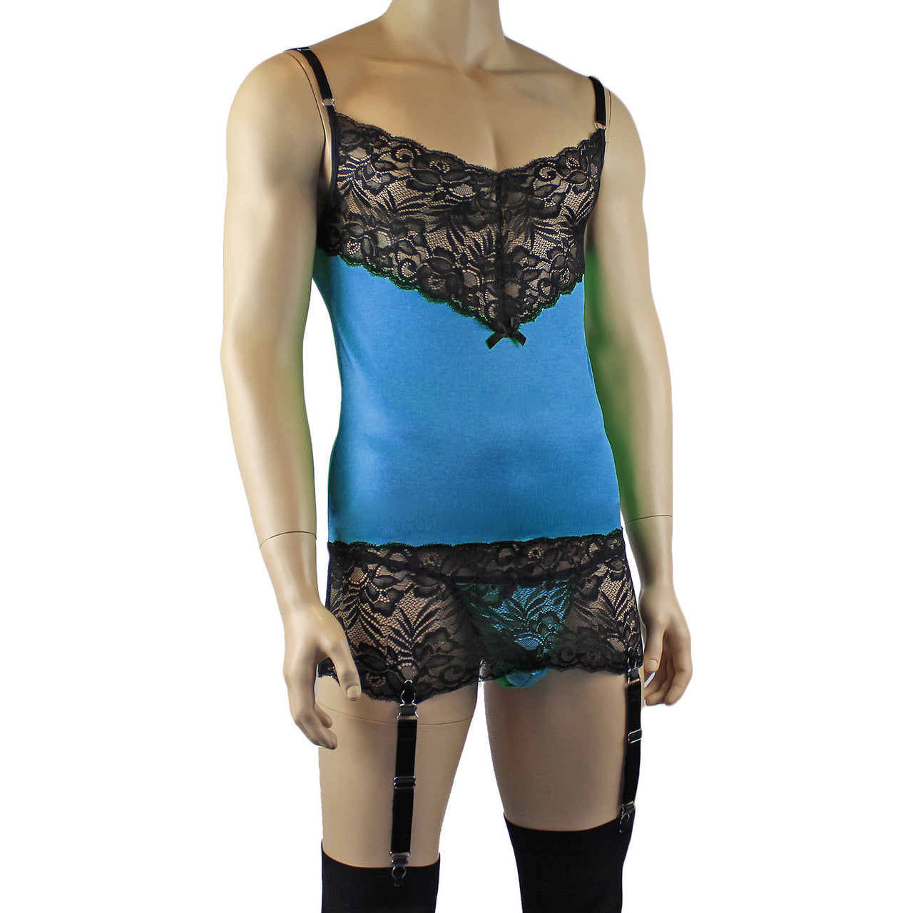 Mens Risque Camisole Mini Dress Chemise, G string & Stockings Teal and Black Lace