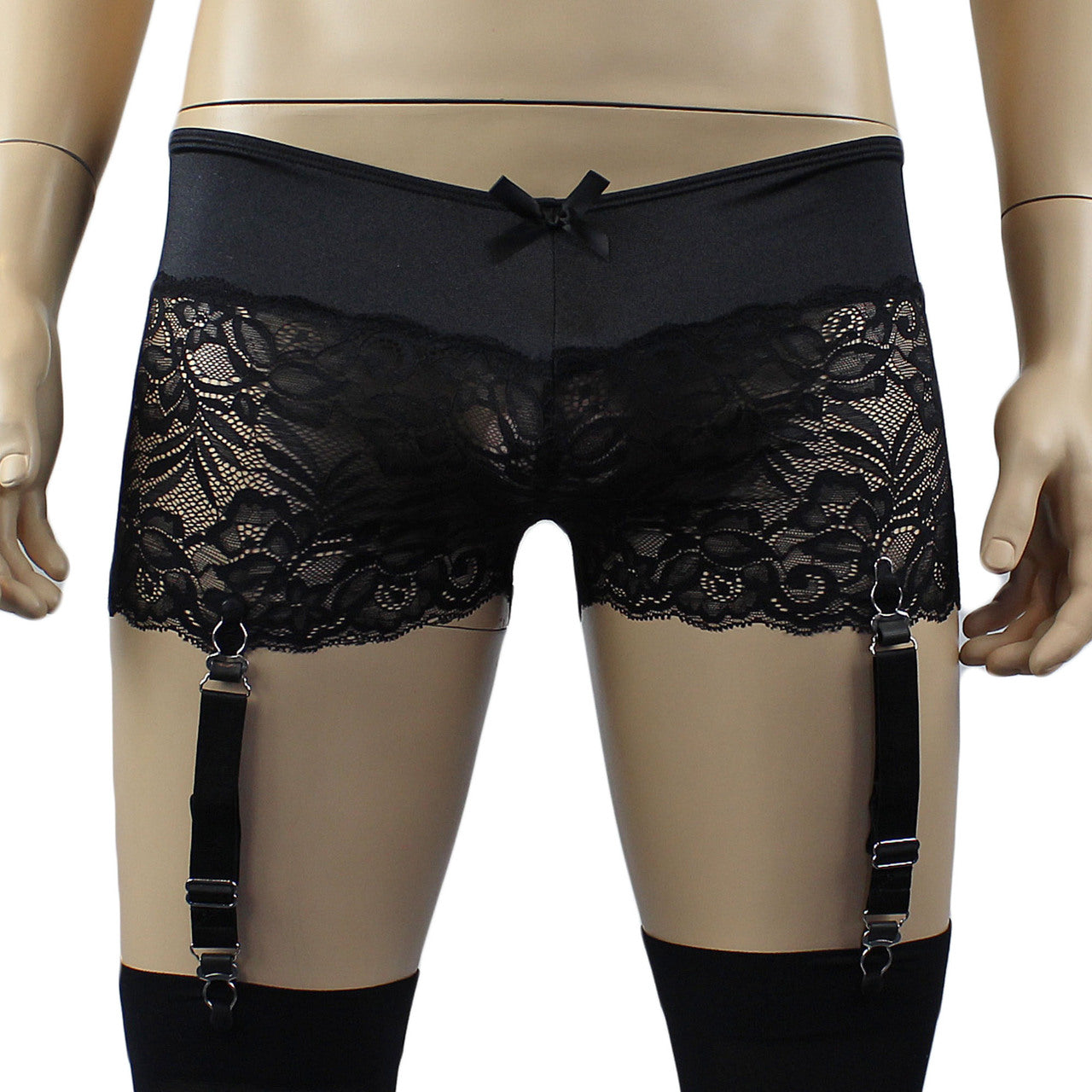 Mens Risque Boxer Briefs with Detachable Garters & Stockings Black and Black Lace