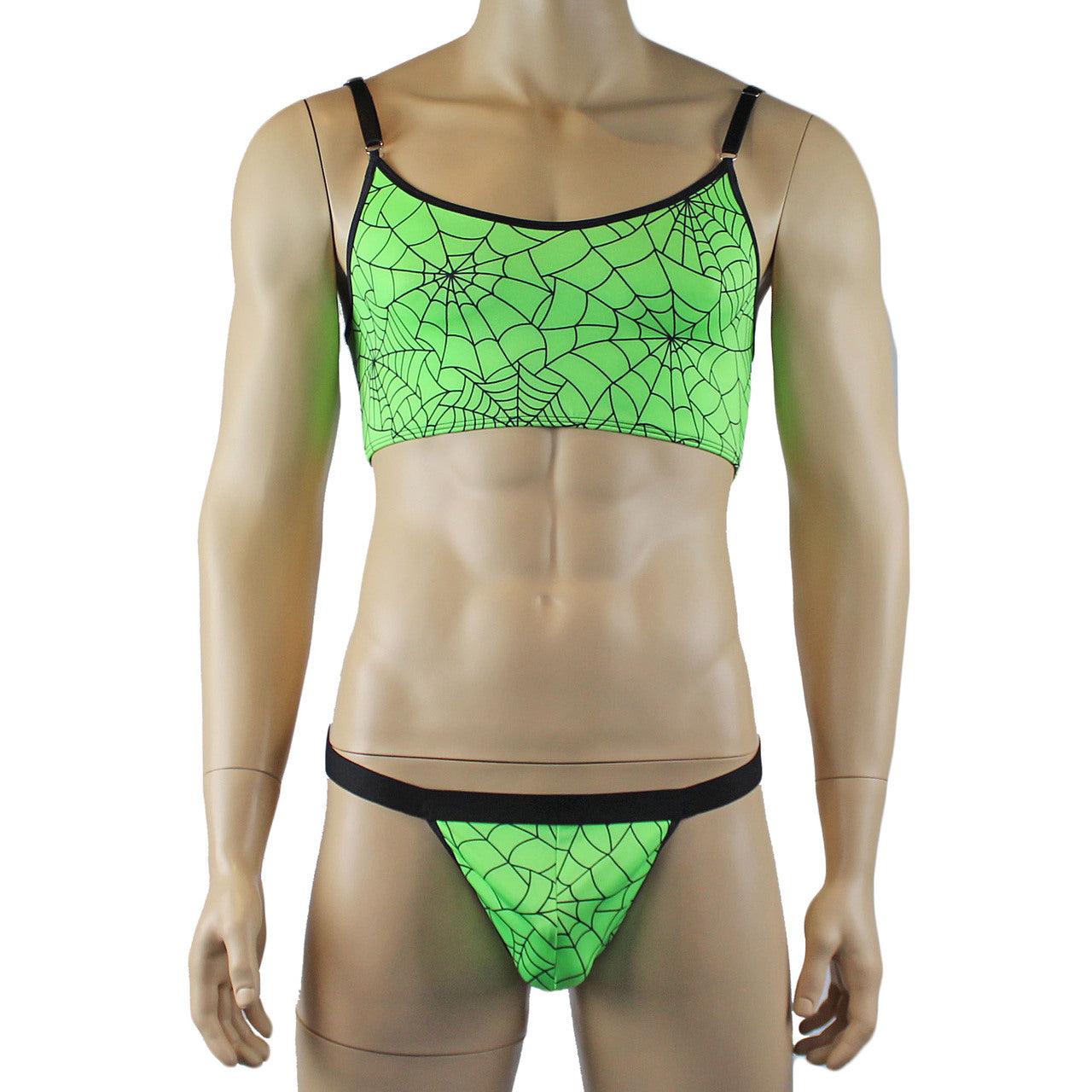 Mens Spider Web Camisole Bra Top & Thong with Band Lime Green