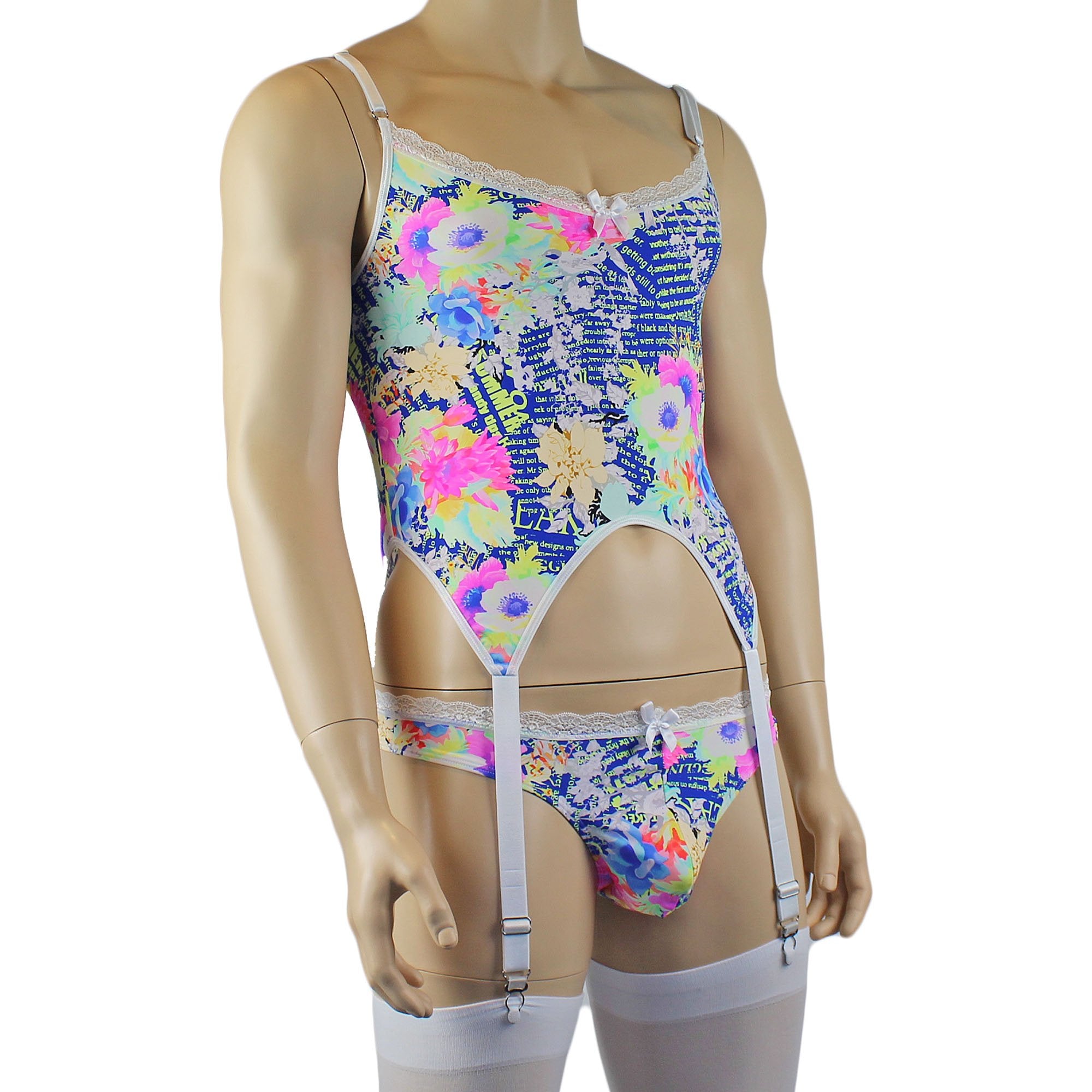 Mens Suzanne Floral Torso Corset Top, Thong & Stockings