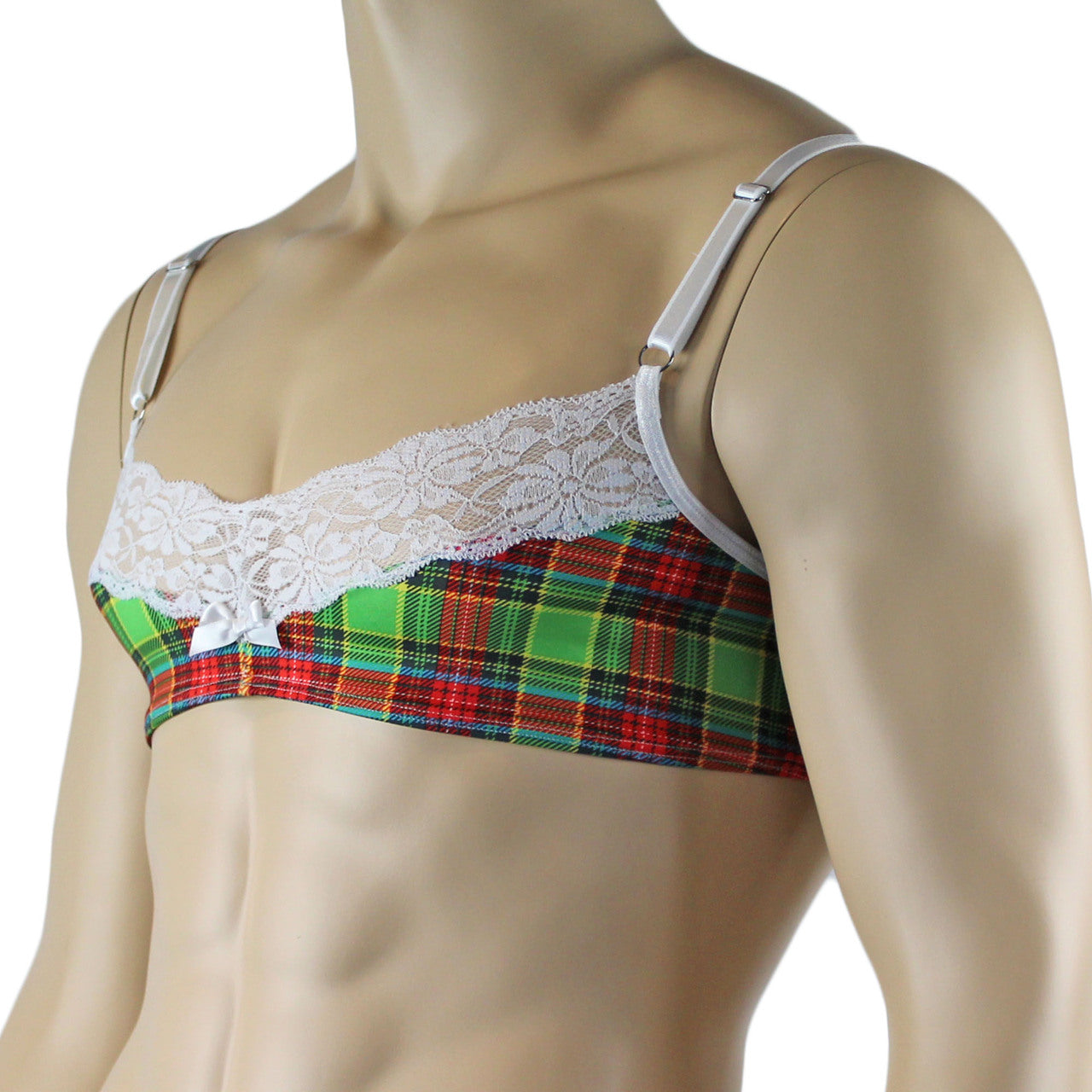 Mens Plaid Tartan Bra Top with floral Lace Detail Green and Red