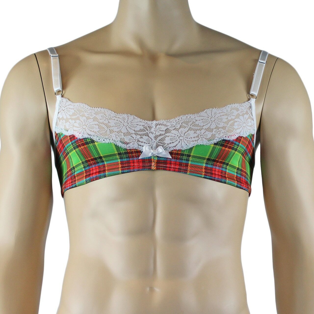 Mens Plaid Tartan Bra Top with Pouch G string Green and Red