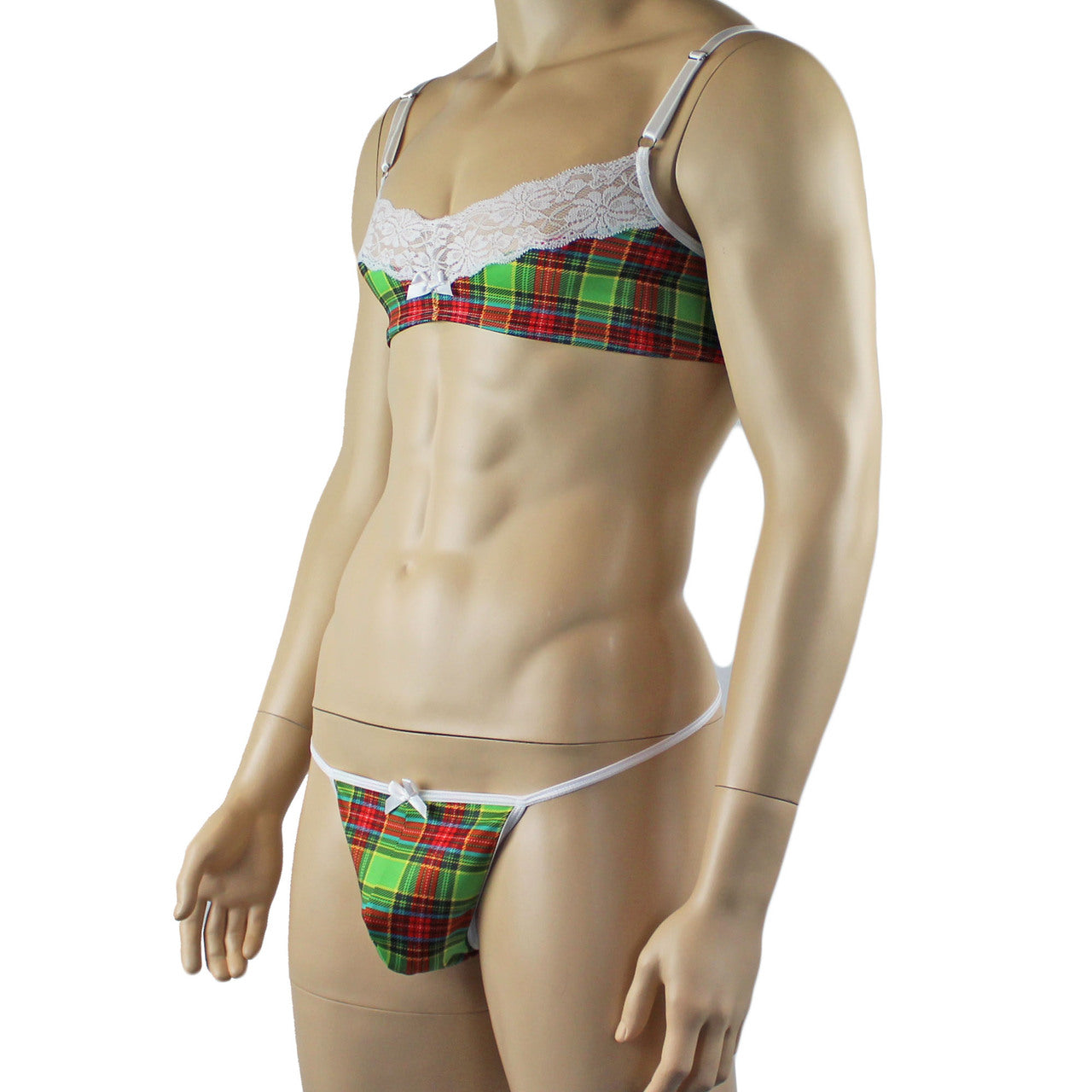 Mens Plaid Tartan Bra Top with Pouch G string Green and Red