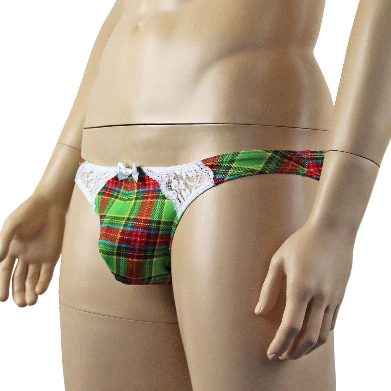 Mens Plaid Tartan Low Rise Bikini Briefs with Lace Trim Green and Red