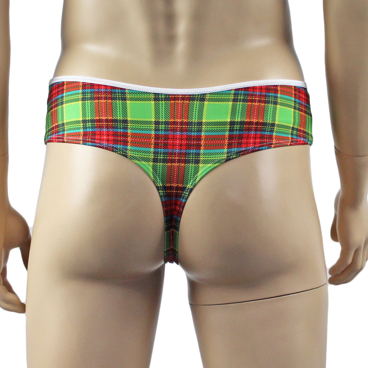 Mens Plaid Tartan High Waist Thong with Lace Green and Red
