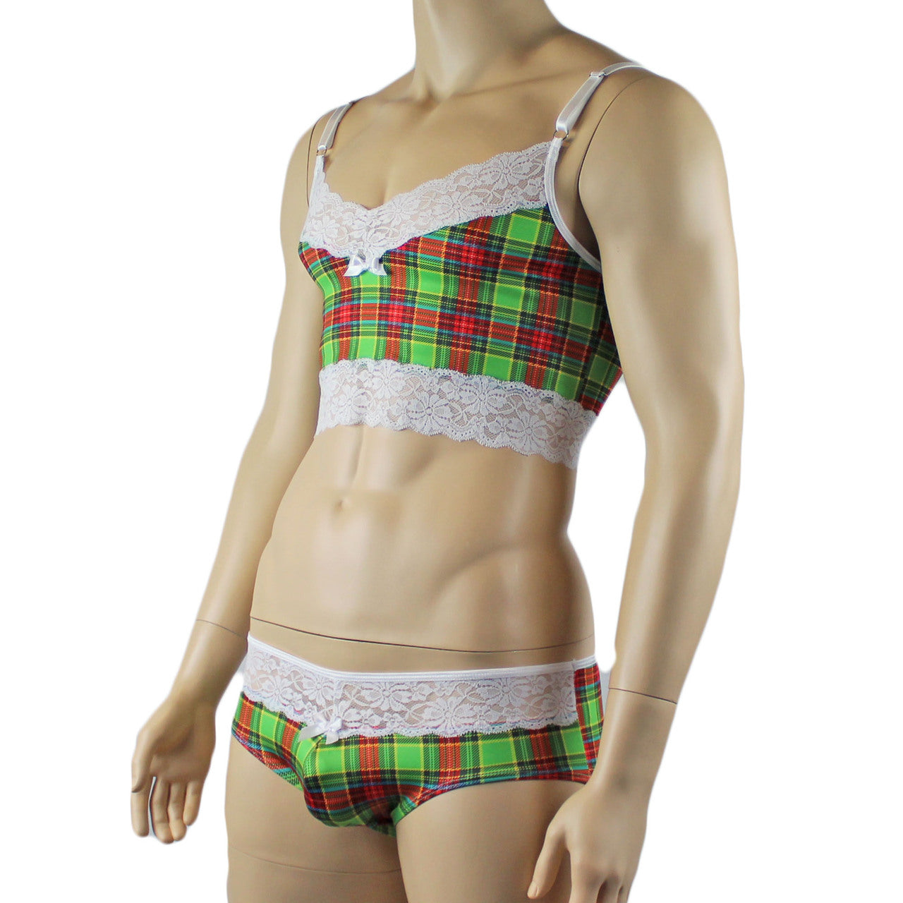 Mens Plaid Tartan Camisole Top & Boxer Brief Green and Red