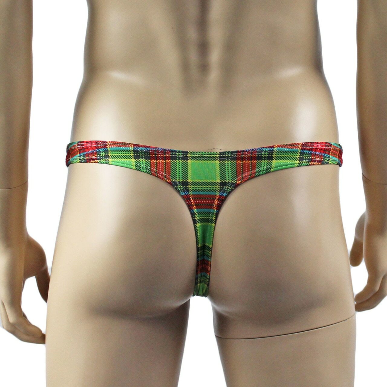 Mens Plaid Tartan Sexy Mini Thong & White Sexy Garterbelt Set Green and Red