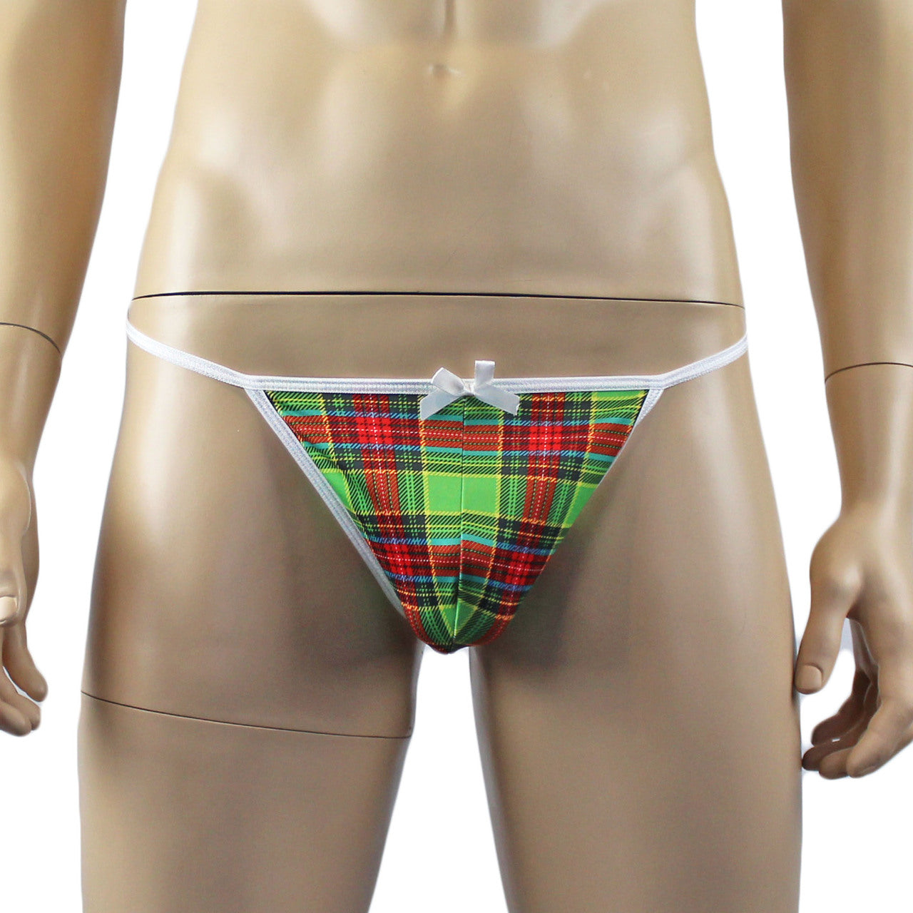 Mens Plaid Tartan Pouch G string with Bow Green and Red