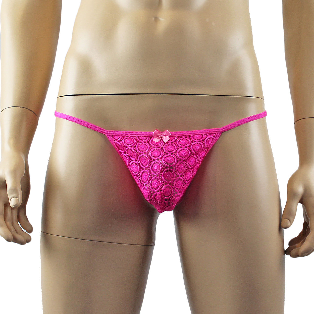 Mens Tease Circle Lace Pouch G string with Cute Bow Front Hot Pink