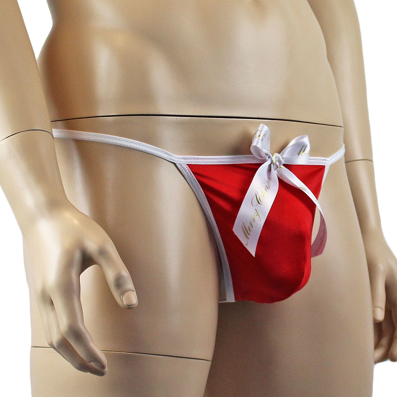 Mens Xmas Stretch Spandex Pouch G string with Merry Christmas Bow Red and White