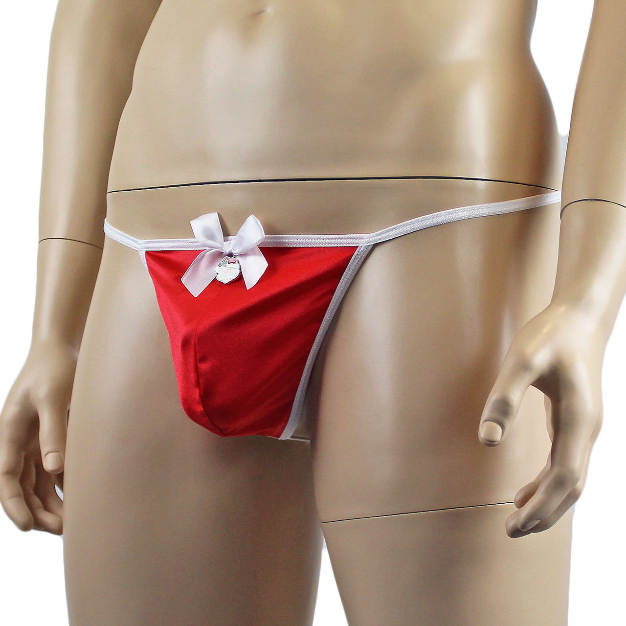 Mens Xmas Stretch Spandex Pouch G string with Bow & Santa Red and White